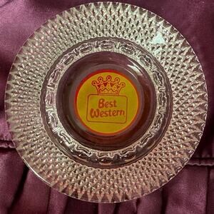 Vintage Hotel Motel Collectible Ashtray BEST WESTERN Glass Round Yellow Red Knob